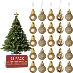 Festive Fix Champagne Mini Christmas Baubles 25 Pack Shatterproof Ornaments For Xmas Tree Decorations Matte Gloss Glitter