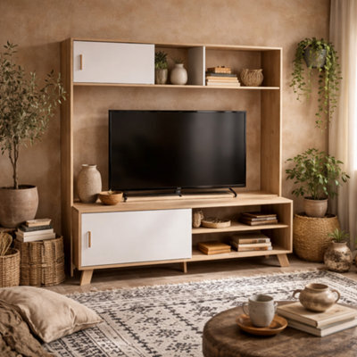 Wyld Haus Hobro Tv Unit, Natural Oak & White, 2 Sliding Doors - image 1