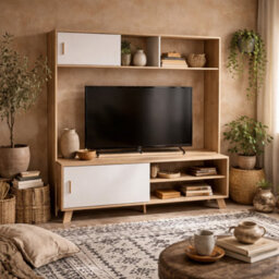 Wyld Haus Hobro Tv Unit, Natural Oak & White, 2 Sliding Doors - thumbnail 1