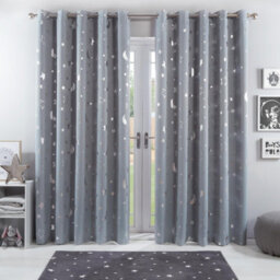 "Ohs Galaxy Star Thermal Blackout Curtains Pair Of Eyelet Ring Top Ready Made Panels Metallic Moon - Silver Grey, 46"" X 72"""