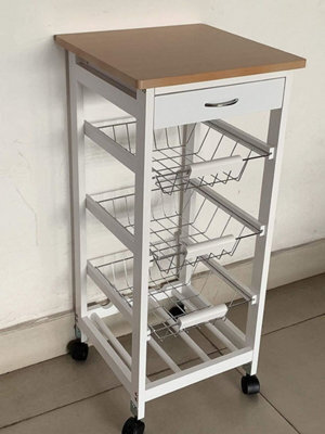 Hygrad Built to Survive Kitchen Trolley White Wooden 3 Tier Rolling Organiser (3 Basket + 1 Wine Rack) Utility Storage Cart With 3 Basket Drawers, Wheels - image 1
