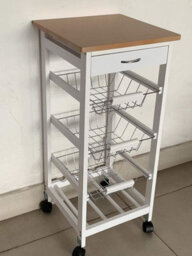 Hygrad Built to Survive Kitchen Trolley White Wooden 3 Tier Rolling Organiser (3 Basket + 1 Wine Rack) Utility Storage Cart With 3 Basket Drawers, Wheels