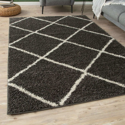 The Rugs Moroccan Shaggy Rugs And Runners Soft Fluffy Diamond Design High Pile Dark Grey And Ivory Living Room Kitchen Hallway 540 - image 1
