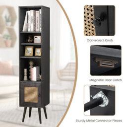 Costway 137Cm Rattan Storage Cabinet Freestanding Slim Cabinet Tall Bookcase - thumbnail 9