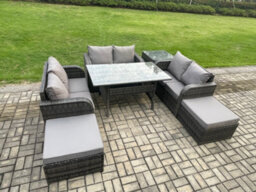 Fimous Outdoor Rattan Garden Furniture Lounge Sofa Set With Oblong Rectangular Dining Table 2 Big Footstool Side Table - thumbnail 2