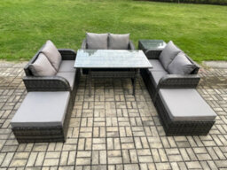 Fimous Outdoor Rattan Garden Furniture Lounge Sofa Set With Oblong Rectangular Dining Table 2 Big Footstool Side Table - thumbnail 1