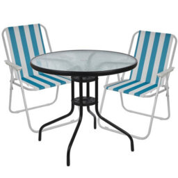 Urbn-Living Urbnliving 2Pcs White & Blue Stripes Folding Deck Chairs With Garden Table Outdoor Patio Dining Furniture Set - thumbnail 1
