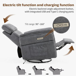 Electric Recliner Chair Armchair Sofa Rotatable With Charging Ports Grey Fabric - thumbnail 3