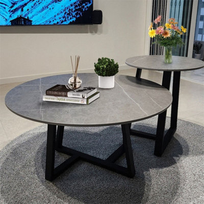 Fativo 2Pcs Round Nesting Coffee Sintered Stone Marble Table Grey End Side Tables Furniture Cross Legs 80Cm & 45Cm - image 1