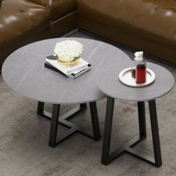 Fativo 2Pcs Round Nesting Coffee Sintered Stone Marble Table Grey End Side Tables Furniture Cross Legs 80Cm & 45Cm - thumbnail 7