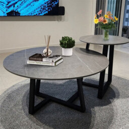 Fativo 2Pcs Round Nesting Coffee Sintered Stone Marble Table Grey End Side Tables Furniture Cross Legs 80Cm & 45Cm