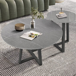 Fativo 2Pcs Round Nesting Coffee Sintered Stone Marble Table Grey End Side Tables Furniture Cross Legs 80Cm & 45Cm - thumbnail 6
