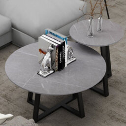Fativo 2Pcs Round Nesting Coffee Sintered Stone Marble Table Grey End Side Tables Furniture Cross Legs 80Cm & 45Cm - thumbnail 9