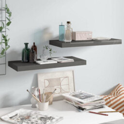 Berkfield Floating Wall Shelves 2 Pcs High Gloss Grey 60X23.5X3.8 Cm Mdf - thumbnail 1