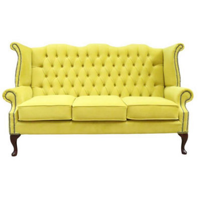 Chesterfield 3 Seater High Back Sofa Amalfi Buttercup Yellow Velvet Fabric In Queen Anne Style - image 1