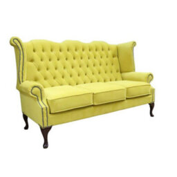 Chesterfield 3 Seater High Back Sofa Amalfi Buttercup Yellow Velvet Fabric In Queen Anne Style - thumbnail 2