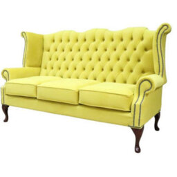 Chesterfield 3 Seater High Back Sofa Amalfi Buttercup Yellow Velvet Fabric In Queen Anne Style - thumbnail 3