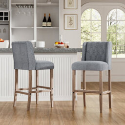 Living And Home Bar Stool Set Of 2 Grey Linen Upholstered Bar Stools Chairs With Rubberwood Legs - thumbnail 1