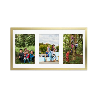 AK Frames 40X20Cm Gold Sleek Multi Photo Frame With White Mount - Holds 3 Apertures (3X) 6X4 Photos - image 1