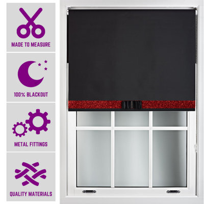 Furnished Made To Measure Blackout Blind With Red Glitter, Black Bow And Metal Fittings - Black (W)150Cm X (L)165Cm