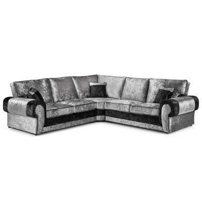 Furnishings For Less UK Chelsea Black And Silver Crushed Velvet 5 Seater Large Corner Sofa 2 Corner 2 Rolled Arms - image 1