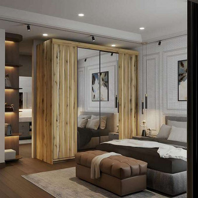 M N Furniture Ltd Wardrobe With Mirror, Led Light, Modern Sliding Door Bedroom Cabinet With Mirror,drawers And  Silver/black Trim (Oak,150Cm) - image 1