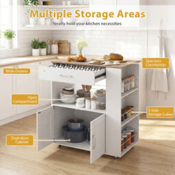 Costway Rolling Kitchen Island With Built-In Charging Station Kitchen Cart Table-White - thumbnail 6