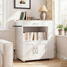 Costway Rolling Kitchen Island With Built-In Charging Station Kitchen Cart Table-White - thumbnail 3