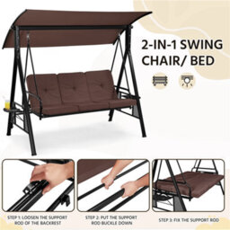 Yaheetech Dark Brown 3-Seat Outdoor Patio Swing Chair With Angle-Adjustable Sunshade - thumbnail 9