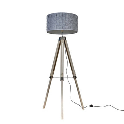 Valuelights Clipper Distressed Wood And Silver Chrome Tripod Floor Lamp With Grey Felt Weave Light Shade - image 1