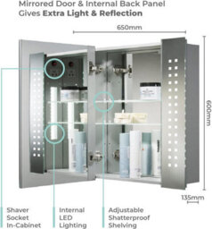 Mood Led Illuminated Bathroom Mirror Cabinet With Shaver Socket, Demister, Lights Sensor, British Standards, 5-Year Warranty - thumbnail 2
