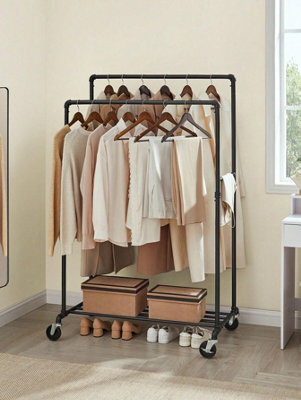 LEDREM Clothes Rail On Wheels, Clothes Rack For Bedroom, Heavy-Duty Clothing Rail With 2 Hanging Rails And Shelf - image 1