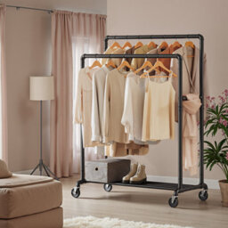 LEDREM Clothes Rail On Wheels, Clothes Rack For Bedroom, Heavy-Duty Clothing Rail With 2 Hanging Rails And Shelf - thumbnail 2