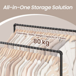 LEDREM Clothes Rail On Wheels, Clothes Rack For Bedroom, Heavy-Duty Clothing Rail With 2 Hanging Rails And Shelf - thumbnail 3