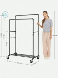 LEDREM Clothes Rail On Wheels, Clothes Rack For Bedroom, Heavy-Duty Clothing Rail With 2 Hanging Rails And Shelf - thumbnail 7