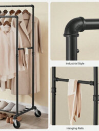LEDREM Clothes Rail On Wheels, Clothes Rack For Bedroom, Heavy-Duty Clothing Rail With 2 Hanging Rails And Shelf - thumbnail 8