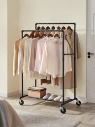 LEDREM Clothes Rail On Wheels, Clothes Rack For Bedroom, Heavy-Duty Clothing Rail With 2 Hanging Rails And Shelf - thumbnail 9