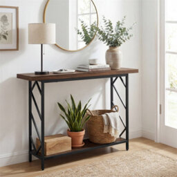 Narrow Console Table 2 Tier Entryway Table Industrial Sofa Table Brown - thumbnail 3