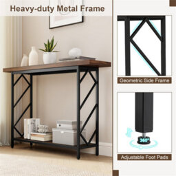 Narrow Console Table 2 Tier Entryway Table Industrial Sofa Table Brown - thumbnail 4