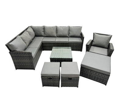 Fimous 10 Seat Poly Rattan Outdoor Patio Coffee Table Corner Sofa Set With 4 Stool 2 Chairs For Garden Backyard Dark Grey Mixed - image 1