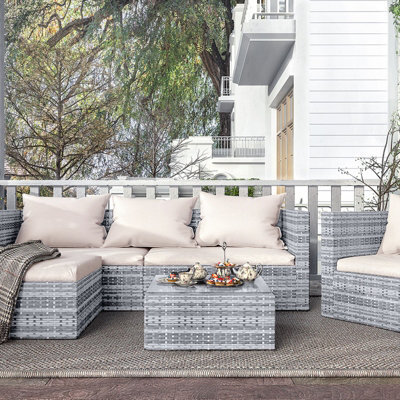 Onemill Garden Furniture Set 5Pc Rattan Modular Corner Sofa Set For Lawn Backyard Poolside (Grey) - image 1