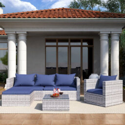 Onemill Garden Furniture Set 5Pc Rattan Modular Corner Sofa Set For Lawn Backyard Poolside (Grey) - thumbnail 9