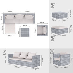 Onemill Garden Furniture Set 5Pc Rattan Modular Corner Sofa Set For Lawn Backyard Poolside (Grey) - thumbnail 3