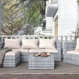 Onemill Rattan Garden Furniture Set 5Pc Rattan Modular Corner Sofa Set For Lawn Backyard Poolside (Grey)
