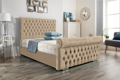 UKBEDFURNITURE Faye Beige Plush Valvet Upholstered Bed Frame Only - Slatted Base - 48 Inch Headboard - image 1