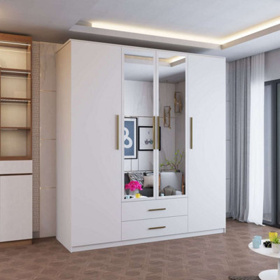 Sliding Wardrobes 4 u LTD Modern 4 Door Hinged Wardrobe - Bedroom Cabinet With 2 Mirror, Drawers And Shelves (White, 171Cm) - image 1