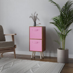 Urbn-Living Urbnliving 54Cm Height Teak Wooden 2 Tier Storage Bookcase Pine Legs Bedroom Light Pink Inserts
