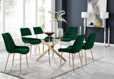 Furniturebox Uk Leonardo 6 Gold Dining Table And 6 Green Pesaro Gold Leg Chairs - image 1
