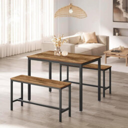 Songmics Vasagle Dining Set With Table And Benches, Kitchen Furniture Set With Steel Frame, Dining Solution, Honey Brown And Ink Black - thumbnail 3