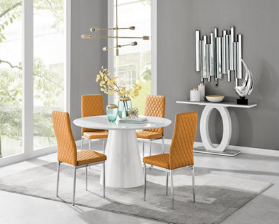 Furniturebox Uk Palma White High Gloss Round Dining Table & 4 Mustard Milan Chrome Leg Chairs - image 1